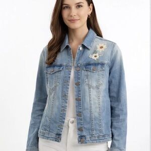 Naf Naf Women's Denim Jacket Light Wash Floral Embroidery Size M (IT 44)